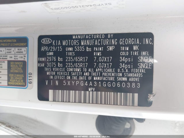 44746008 :رقم المزاد ، 5XYPG4A31GG060383 vin ، 2016 Kia Sorento 2.4l Lx مزاد بيع