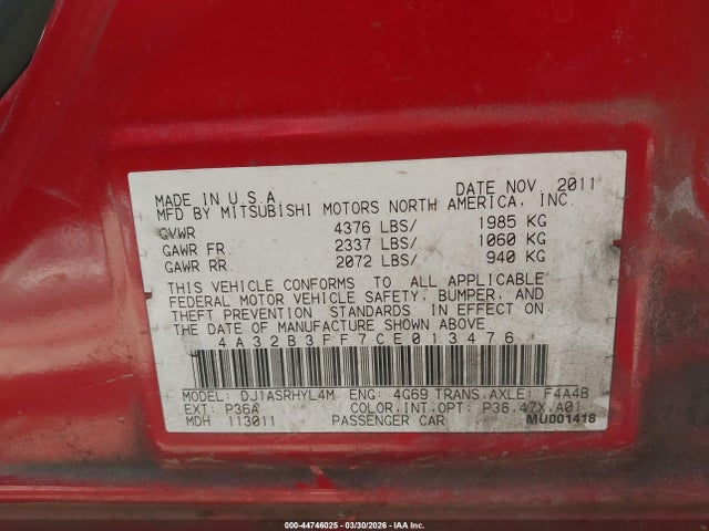 Продаж на аукціоні авто 2012 Mitsubishi Galant Es/se, vin: 4A32B3FF7CE013476, номер лоту: 44746025