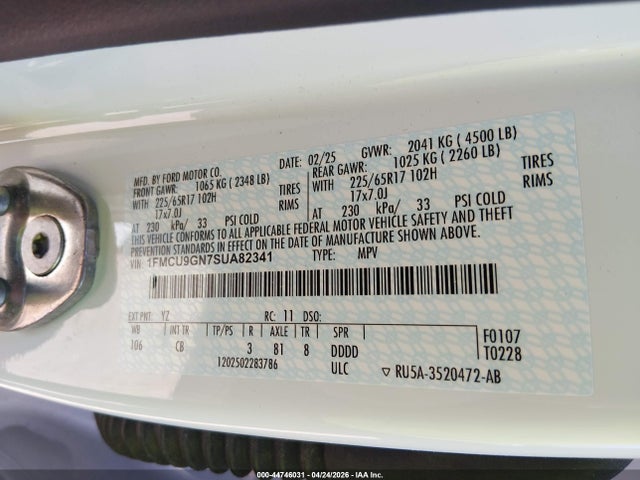 2025 Ford Escape Active მანქანა იყიდება აუქციონზე, vin: 1FMCU9GN7SUA82341, აუქციონის ნომერი: 44746031