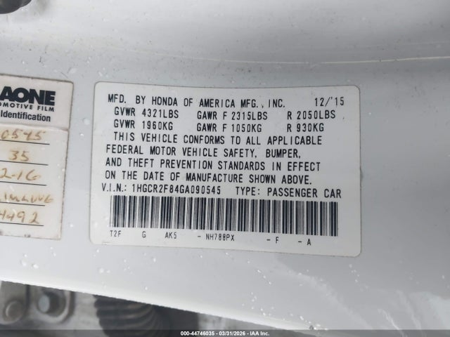 Продажа на аукционе авто 2016 Honda Accord Ex-l, vin: 1HGCR2F84GA090545, номер лота: 44746035