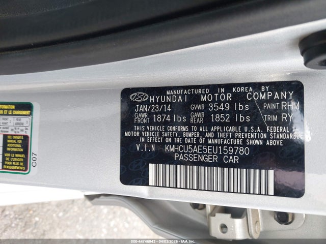 44746043 :رقم المزاد ، KMHCU5AE5EU159780 vin ، 2014 Hyundai Accent Se مزاد بيع