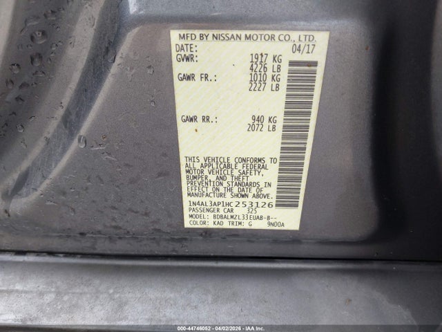 44746052 :رقم المزاد ، 1N4AL3AP1HC253126 vin ، 2017 Nissan Altima 2.5 Sv مزاد بيع