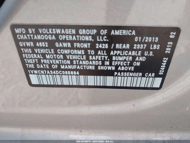 44746070 :رقم المزاد ، 1VWCN7A34DC085684 vin ، 2013 Volkswagen Passat 2.0l Tdi Sel Premium مزاد بيع