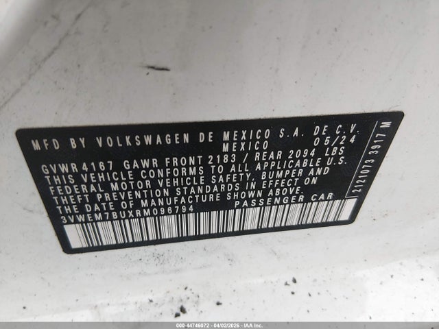 2024 Volkswagen Jetta 1.5t Se მანქანა იყიდება აუქციონზე, vin: 3VWEM7BUXRM096794, აუქციონის ნომერი: 44746072
