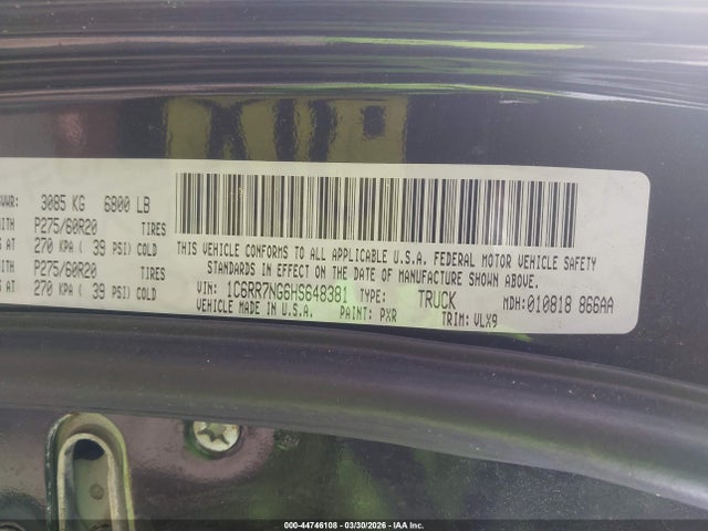 Продаж на аукціоні авто 2017 Ram 1500 Laramie  4x4 5'7 Box, vin: 1C6RR7NG6HS648381, номер лоту: 44746108