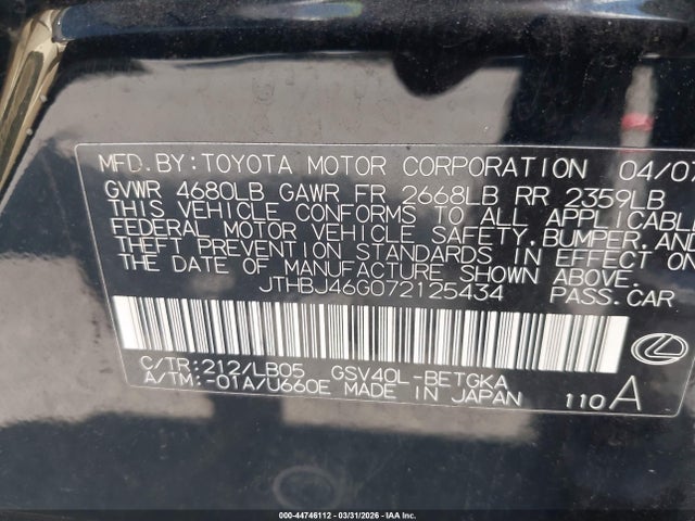 Продаж на аукціоні авто 2007 Lexus Es 350, vin: JTHBJ46G072125434, номер лоту: 44746112