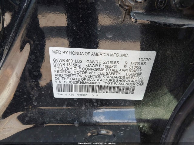 44746122 :رقم المزاد ، 19UDE2F36MA000313 vin ، 2021 Acura Ilx Standard مزاد بيع