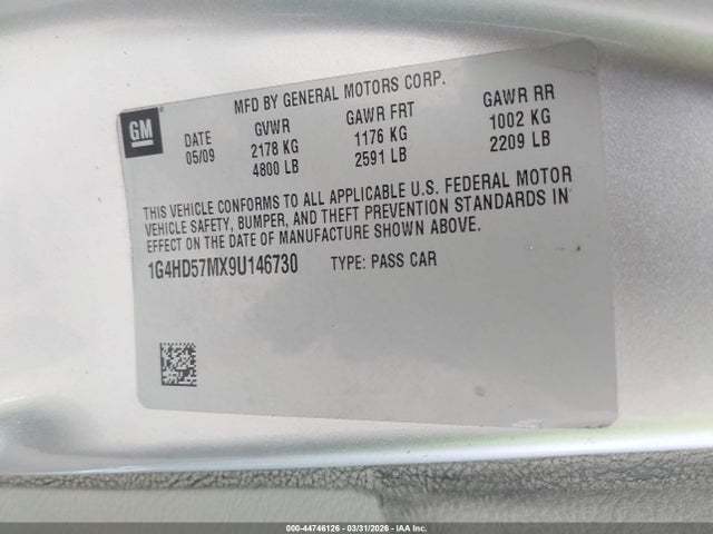Aukcja sprzedaży 2009 Buick Lucerne Cxl, vin: 1G4HD57MX9U146730, numer aukcji: 44746126