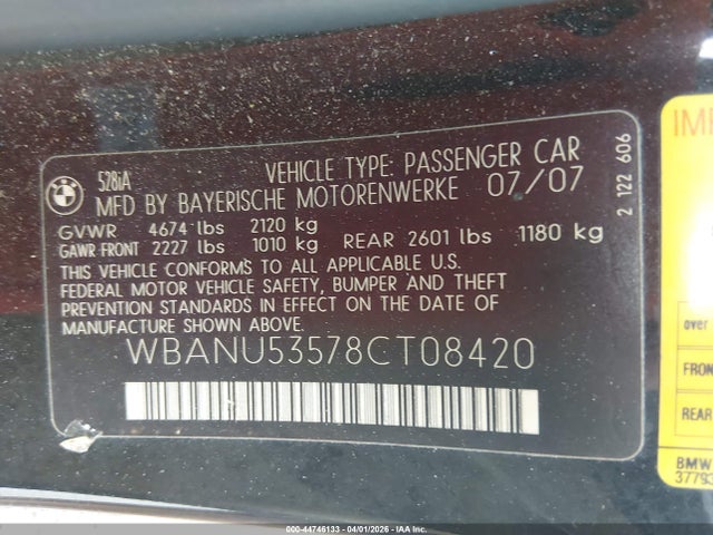 Aukcja sprzedaży 2008 Bmw 528i, vin: WBANU53578CT08420, numer aukcji: 44746133