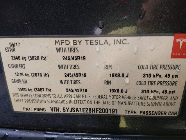 Aukcja sprzedaży 2017 Tesla Model S 100d/60d/75d/90d/p100d, vin: 5YJSA1E28HF200191, numer aukcji: 44746145
