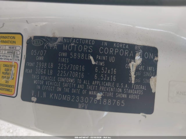 44746147 :رقم المزاد ، KNDMB233076188765 vin ، 2007 Kia Sedona Lx مزاد بيع