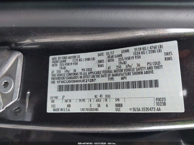 Продажа на аукционе авто 2017 Ford Escape Se, vin: 1FMCU0G94HUE21287, номер лота: 44746163