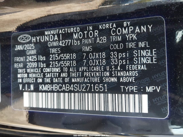 2025 Hyundai Kona Sel მანქანა იყიდება აუქციონზე, vin: KM8HBCAB4SU271651, აუქციონის ნომერი: 44746165