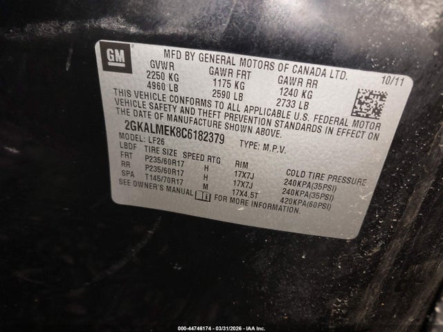 44746174 :رقم المزاد ، 2GKALMEK8C6182379 vin ، 2012 Gmc Terrain Sle-1 مزاد بيع