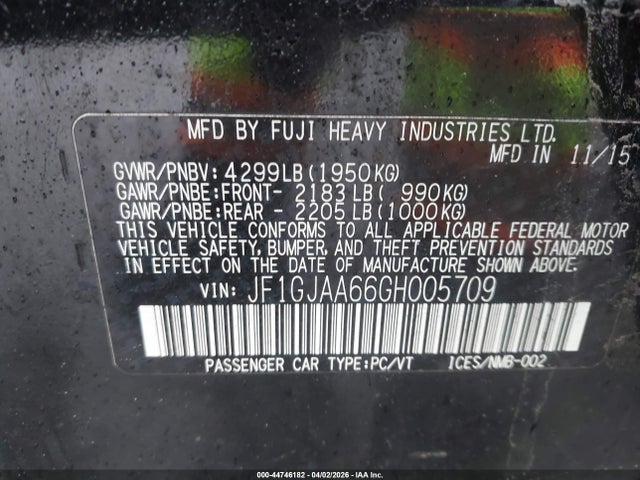 Aukcja sprzedaży 2016 Subaru Impreza 2.0i, vin: JF1GJAA66GH005709, numer aukcji: 44746182