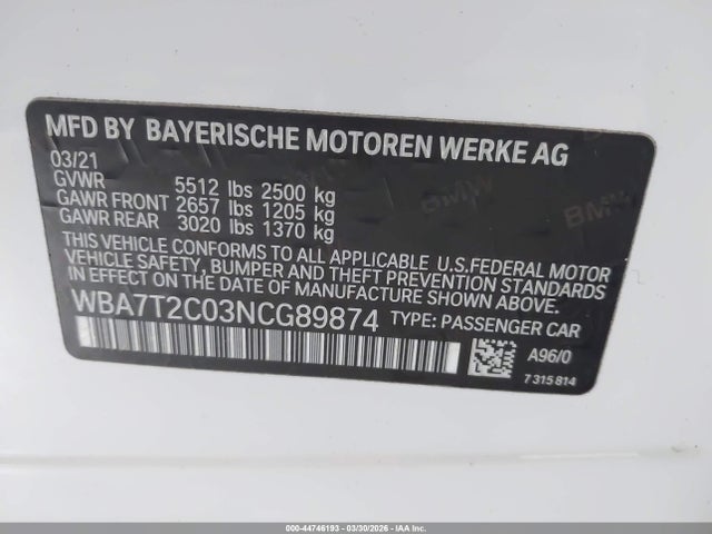 Aukcja sprzedaży 2022 Bmw 740 I, vin: WBA7T2C03NCG89874, numer aukcji: 44746193