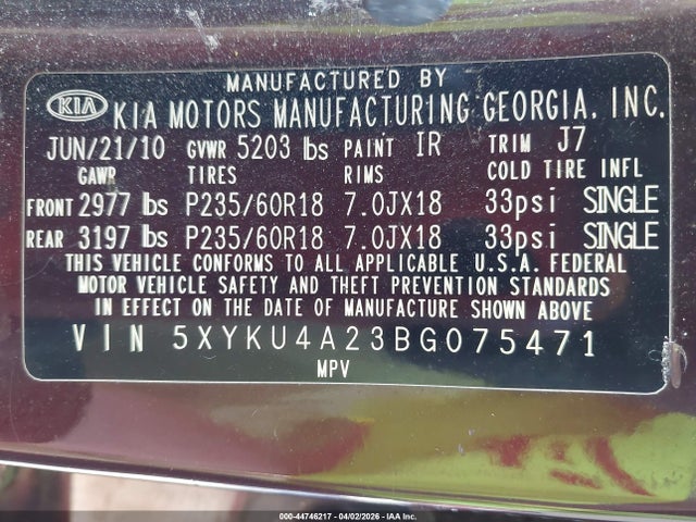 Продажа на аукционе авто 2011 Kia Sorento Ex V6, vin: 5XYKU4A23BG075471, номер лота: 44746217