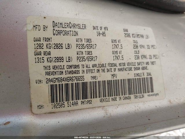 44746234 :رقم المزاد ، 2A4GM684X6R676655 vin ، 2006 Chrysler Pacifica Touring مزاد بيع