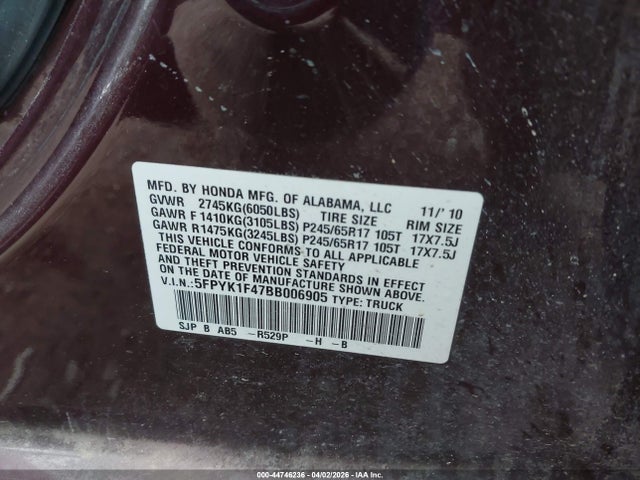 Aukcja sprzedaży 2011 Honda Ridgeline Rts, vin: 5FPYK1F47BB006905, numer aukcji: 44746236
