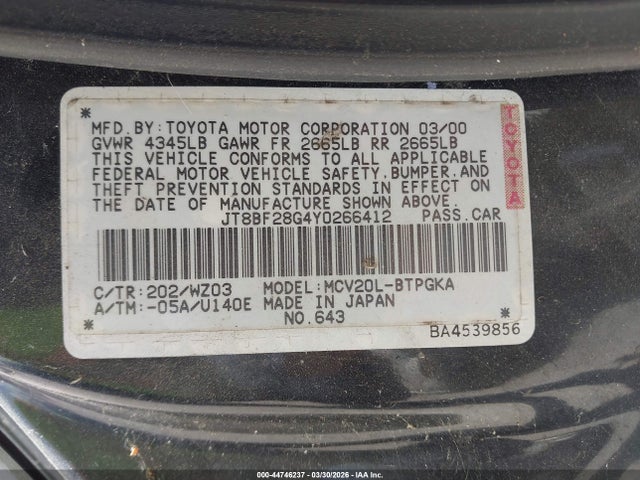 Продажа на аукционе авто 2000 Lexus Es 300, vin: JT8BF28G4Y0266412, номер лота: 44746237