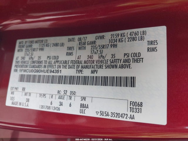 Ford ESCAPE SE 2017 1FMCU0G90HUE94351 Image 9