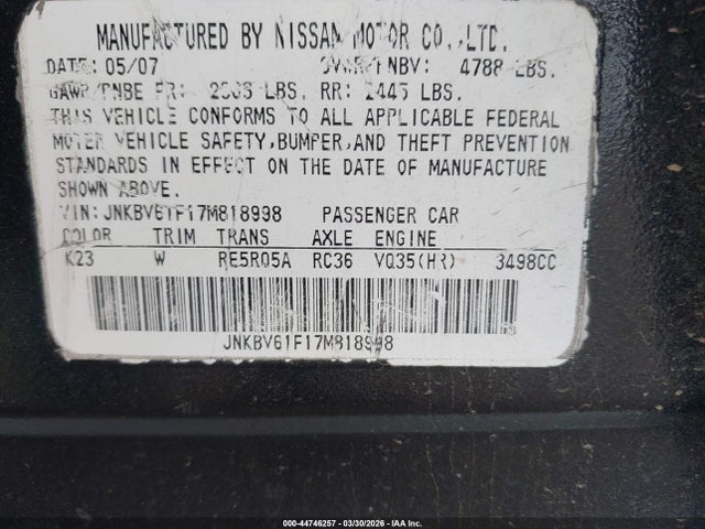 Aukcja sprzedaży 2007 Infiniti G35x, vin: JNKBV61F17M818998, numer aukcji: 44746257