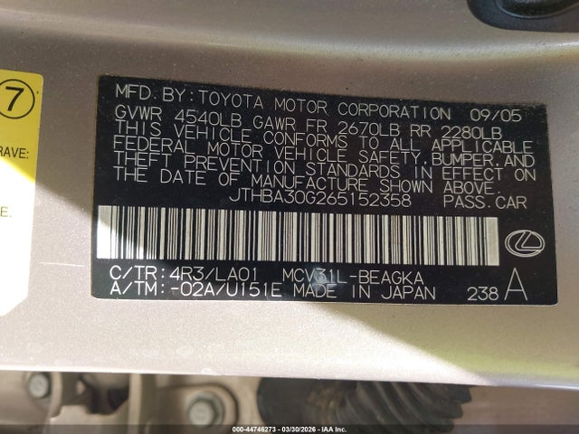 44746273 :رقم المزاد ، JTHBA30G265152358 vin ، 2006 Lexus Es 330 مزاد بيع