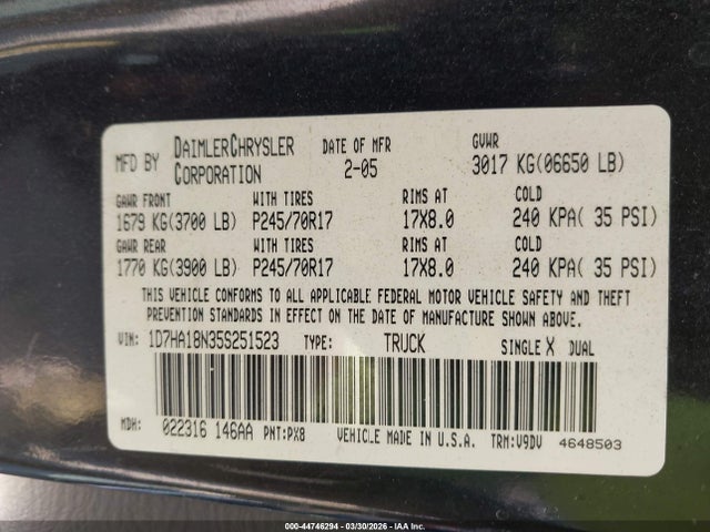Aukcja sprzedaży 2005 Dodge Ram 1500 Slt/laramie, vin: 1D7HA18N35S251523, numer aukcji: 44746294