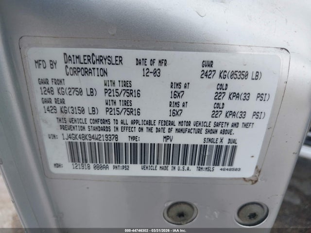 Продаж на аукціоні авто 2004 Jeep Liberty Sport, vin: 1J4GK48K94W219378, номер лоту: 44746302