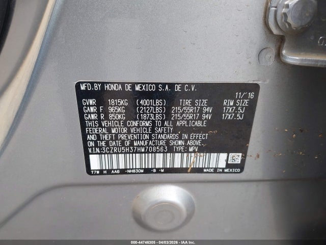 44746305 :رقم المزاد ، 3CZRU5H37HM708563 vin ، 2017 Honda Hr-v Lx مزاد بيع
