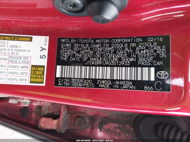 2016 TOYOTA PRIUS JTDKBRFU9G3512933 Photo 8