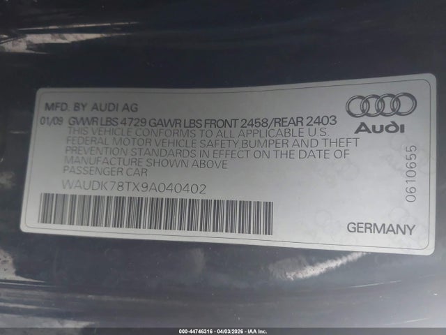 44746316 :رقم المزاد ، WAUDK78TX9A040402 vin ، 2009 Audi A5 3.2l مزاد بيع