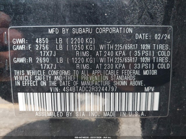 Aukcja sprzedaży 2024 Subaru Outback Premium, vin: 4S4BTADC2R3244797, numer aukcji: 44746330