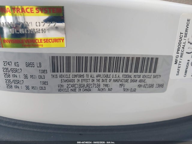44746334 :رقم المزاد ، 2C4RC1BG0JR217120 vin ، 2018 Chrysler Pacifica Touring L مزاد بيع