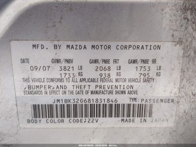 Aukcja sprzedaży 2008 Mazda Mazda3 I, vin: JM1BK32G681831846, numer aukcji: 44746355