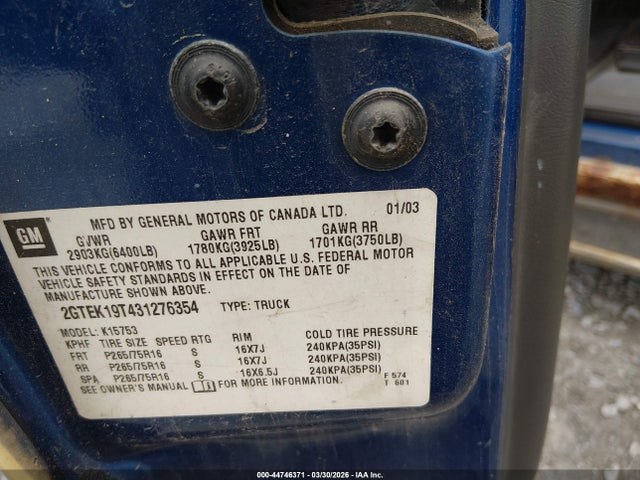 Продаж на аукціоні авто 2003 Gmc Sierra 1500 Sle, vin: 2GTEK19T431276354, номер лоту: 44746371