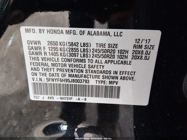 Aukcja sprzedaży 2018 Honda Pilot Touring, vin: 5FNYF6H95JB003793, numer aukcji: 44746382