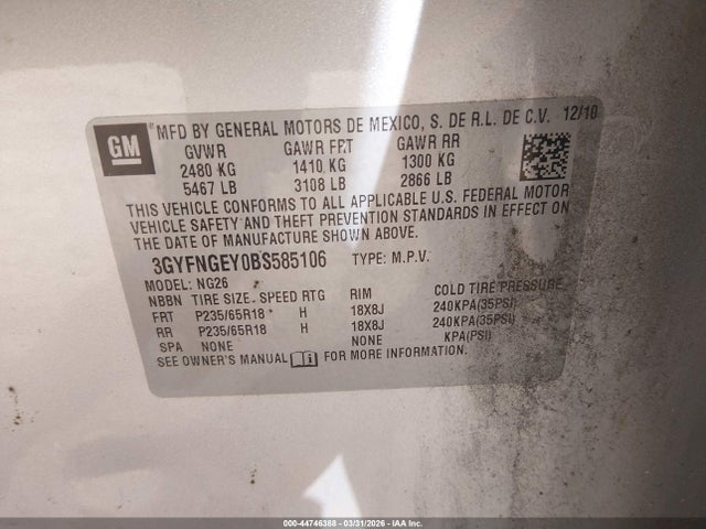44746388 :رقم المزاد ، 3GYFNGEY0BS585106 vin ، 2011 Cadillac Srx Standard مزاد بيع