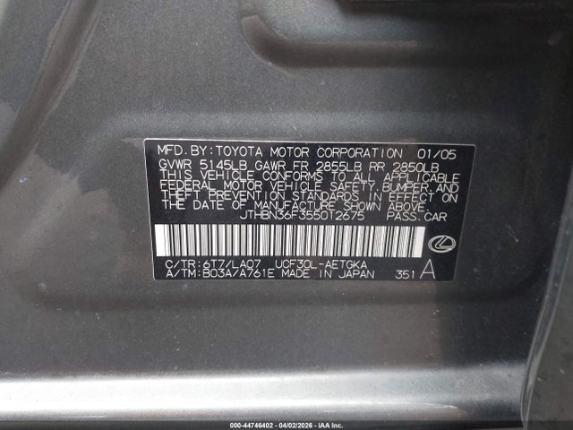 44746402 :رقم المزاد ، JTHBN36F355012675 vin ، 2005 Lexus Ls 430 مزاد بيع
