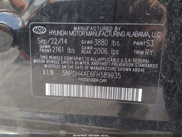Aukcja sprzedaży 2015 Hyundai Elantra Se, vin: 5NPDH4AE6FH589935, numer aukcji: 44746412