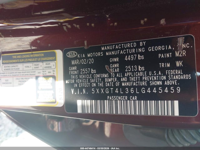 Продажа на аукционе авто 2020 Kia Optima Lx, vin: 5XXGT4L36LG445459, номер лота: 44746414