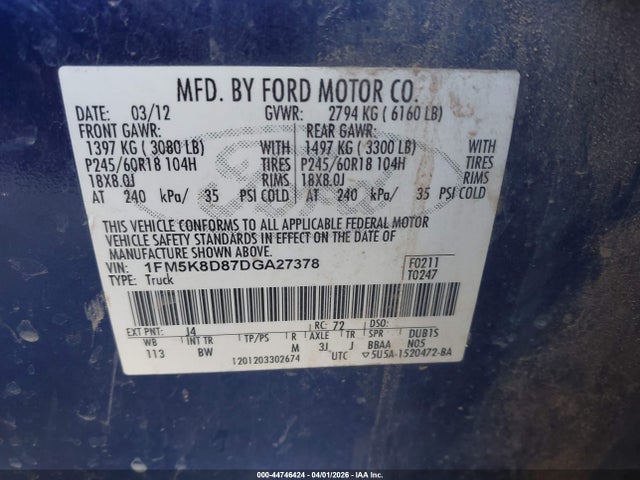 Продажа на аукционе авто 2013 Ford Explorer Xlt, vin: 1FM5K8D87DGA27378, номер лота: 44746424