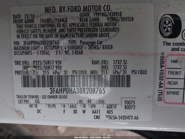 Продажа на аукционе авто 2011 Ford Fusion Se, vin: 3FAHP0HA3BR208765, номер лота: 44746427