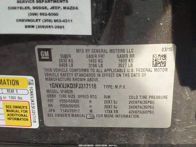 2015 Chevrolet Traverse Ltz მანქანა იყიდება აუქციონზე, vin: 1GNKVJKD3FJ317118, აუქციონის ნომერი: 44746435