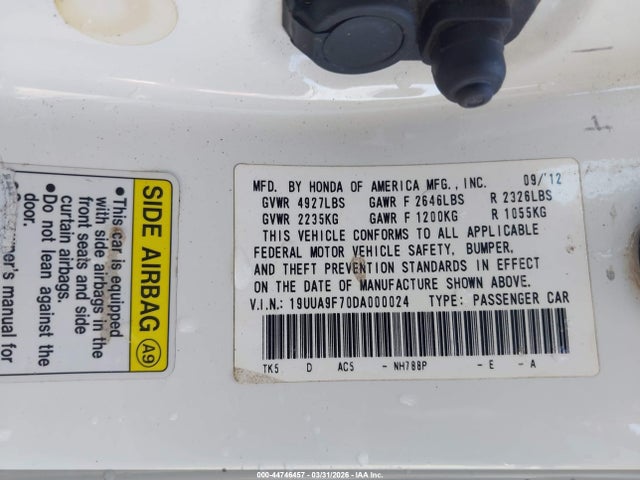 44746457 :رقم المزاد ، 19UUA9F70DA000024 vin ، 2013 Acura Tl 3.7 مزاد بيع