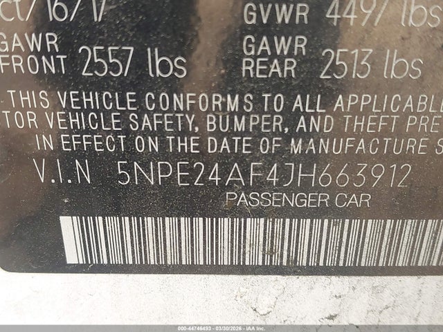 Aukcja sprzedaży 2018 Hyundai Sonata Se, vin: 5NPE24AF4JH663912, numer aukcji: 44746493
