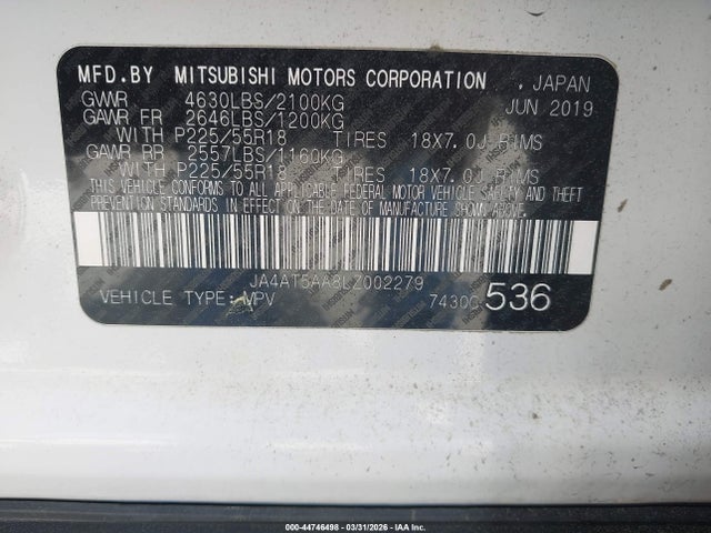 Aukcja sprzedaży 2020 Mitsubishi Eclipse Cross Se 1.5t Awc, vin: JA4AT5AA8LZ002279, numer aukcji: 44746498
