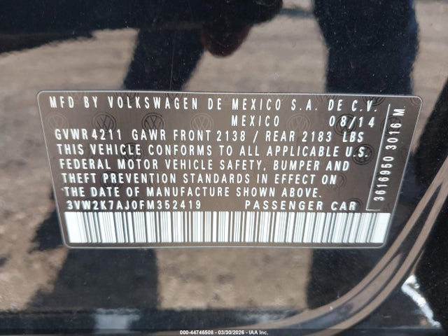 Aukcja sprzedaży 2015 Volkswagen Jetta 2.0l S, vin: 3VW2K7AJ0FM352419, numer aukcji: 44746508