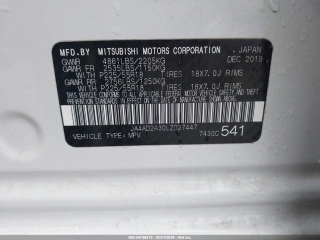 Aukcja sprzedaży 2020 Mitsubishi Outlander Es 2.4, vin: JA4AD2A30LZ027447, numer aukcji: 44746510