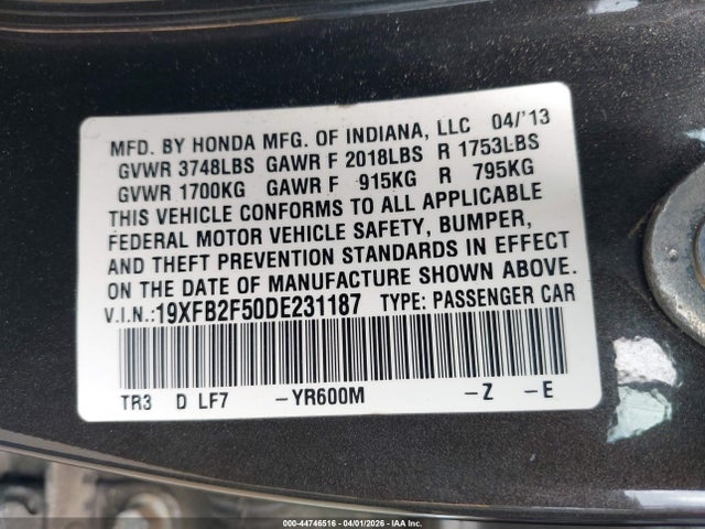 2013 Honda Civic Lx მანქანა იყიდება აუქციონზე, vin: 19XFB2F50DE231187, აუქციონის ნომერი: 44746516